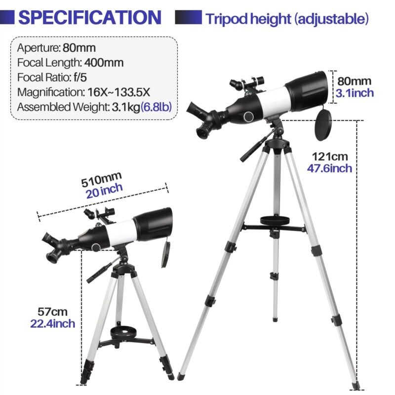 Telescope, 80mm Large Aperture Telescope for Astronomy Beginners, Adults and Kids, 3 Rotatable Eyepieces Professional Refractor Telescope for View Moon Landscape and Planet