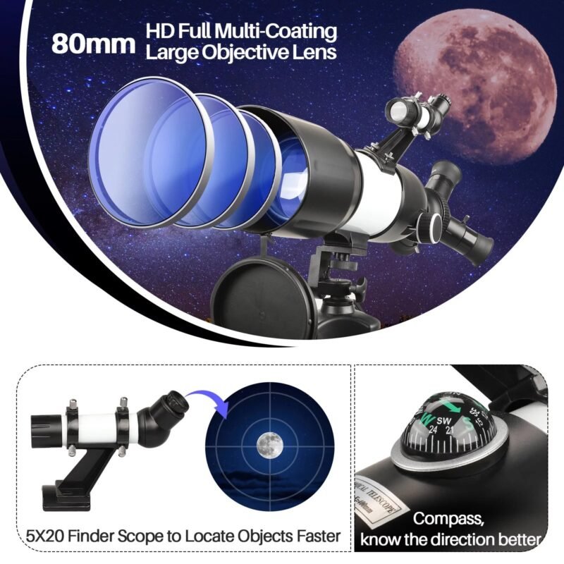 Telescope, 80mm Large Aperture Telescope for Astronomy Beginners, Adults and Kids, 3 Rotatable Eyepieces Professional Refractor Telescope for View Moon Landscape and Planet