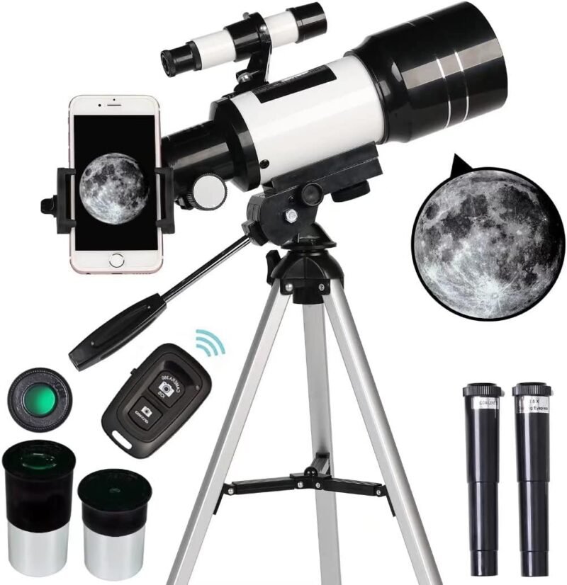 Telescope for Adults & Kids, 70mm Aperture Refractor Telescopes (15X-150X) for Astronomy Beginners, Portable Travel Telescope with Phone Adapter & Wireless Remote, Astronomy Gifts for Kids BLACK