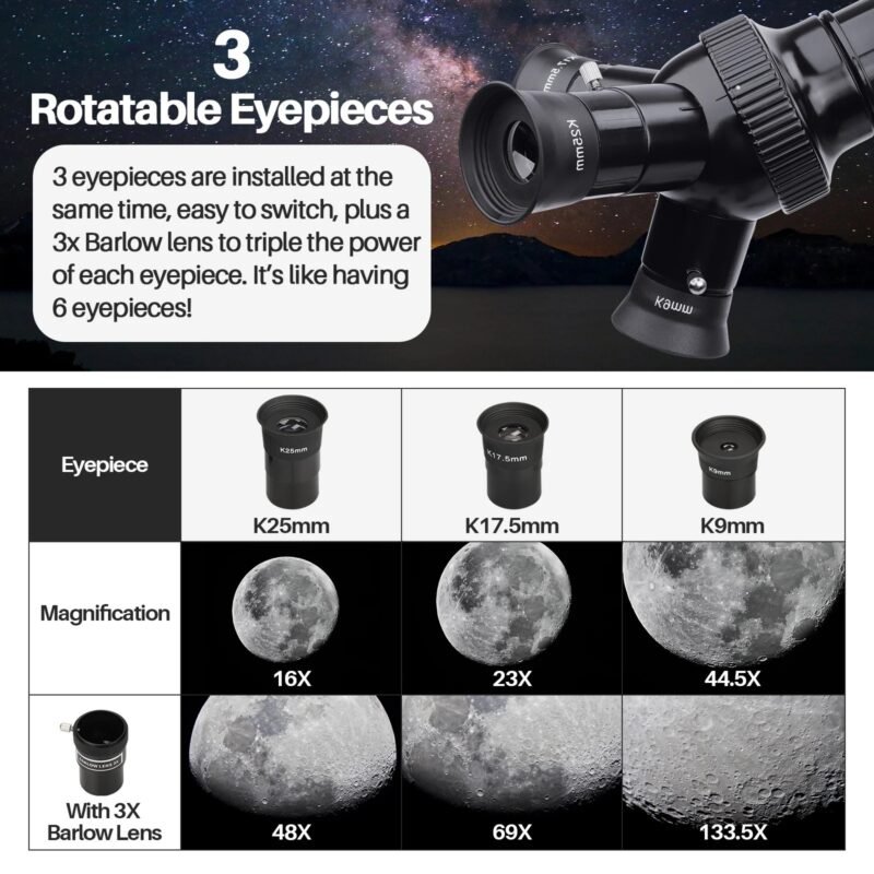 Telescope, 80mm Large Aperture Telescope for Astronomy Beginners, Adults and Kids, 3 Rotatable Eyepieces Professional Refractor Telescope for View Moon Landscape and Planet