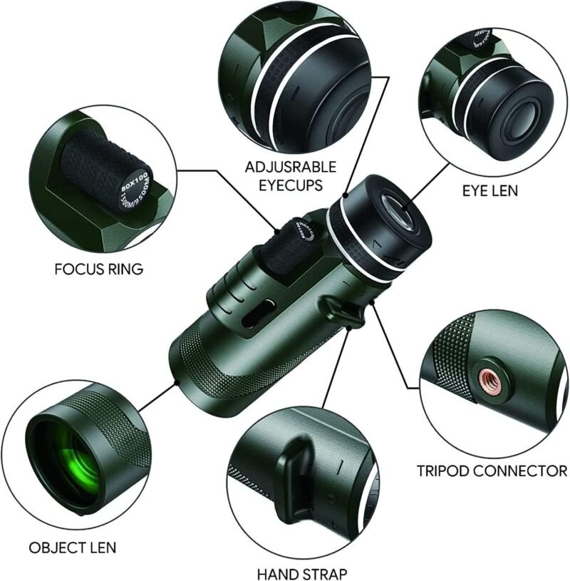 80×100 Monocular Telescope High Powered Monocular for Adults Monocular for Smartphone Adapter Monocular Telescope Hunting Wildlife Bird Watching Travel Camping Hiking Green
