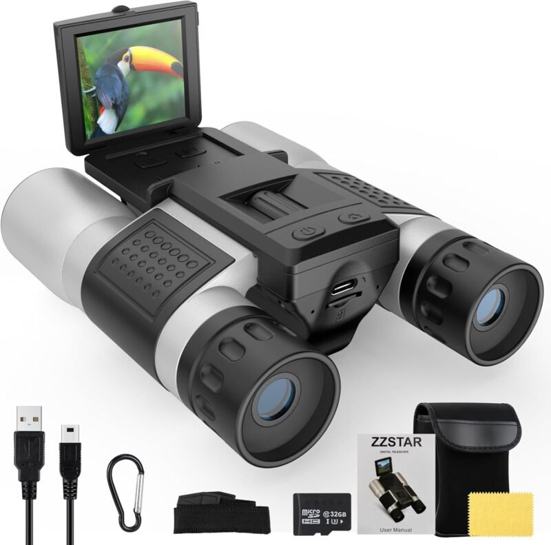12×32 Binoculars for Adults, Binoculars with Camera, 2″ LTPS Display 5MP 1080P Video Photo Recorder with 32GB Micro SD Card, High Powered Binoculars for Bird Watching Travel Hunting, Silver