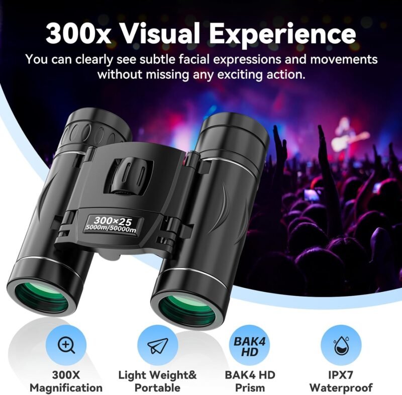 300×25 Binoculars for Adults and Kids, High Powered Mini Pocket Binoculars with Phone Adapter, Waterproof Compact Binoculars for Bird Watching, Hunting, Concert, Theater, Opera, Traveling, Sightseeing