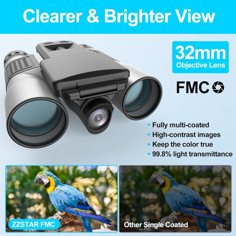 12×32 Binoculars for Adults, Binoculars with Camera, 2″ LTPS Display 5MP 1080P Video Photo Recorder with 32GB Micro SD Card, High Powered Binoculars for Bird Watching Travel Hunting, Silver