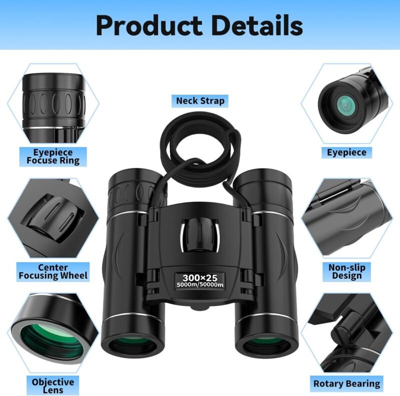 300×25 Binoculars for Adults and Kids, High Powered Mini Pocket Binoculars with Phone Adapter, Waterproof Compact Binoculars for Bird Watching, Hunting, Concert, Theater, Opera, Traveling, Sightseeing