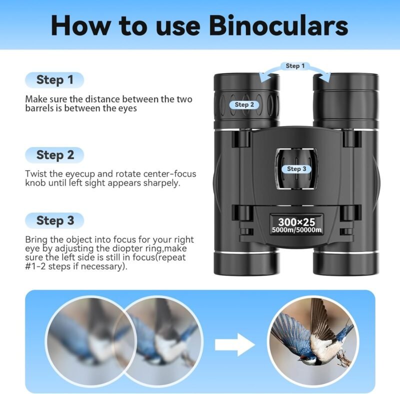 300×25 Binoculars for Adults and Kids, High Powered Mini Pocket Binoculars with Phone Adapter, Waterproof Compact Binoculars for Bird Watching, Hunting, Concert, Theater, Opera, Traveling, Sightseeing