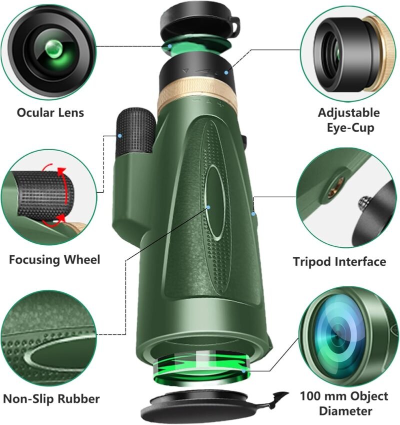 80X100 HD Monocular Telescope, High Powered BAK-4 Prism Compact Monoculars for Adults, Larger Vision Monocular for Bird Watching Hunting Hiking Camping Travelling