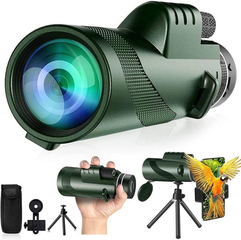 80×100 Monocular Telescope High Powered Monocular for Adults Monocular for Smartphone Adapter Monocular Telescope Hunting Wildlife Bird Watching Travel Camping Hiking Green