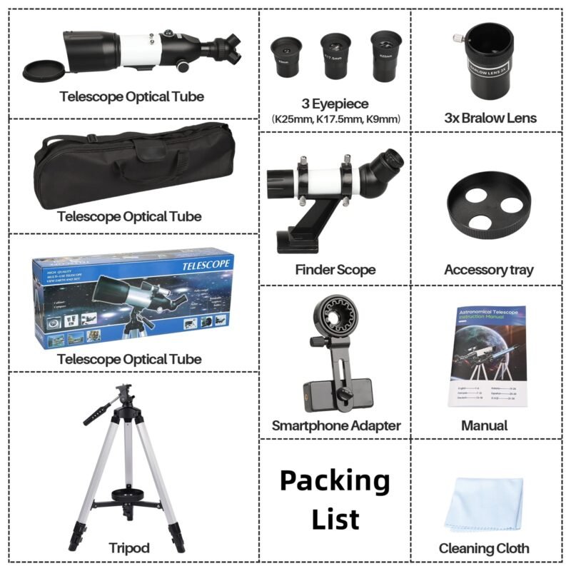 Telescope, 80mm Large Aperture Telescope for Astronomy Beginners, Adults and Kids, 3 Rotatable Eyepieces Professional Refractor Telescope for View Moon Landscape and Planet