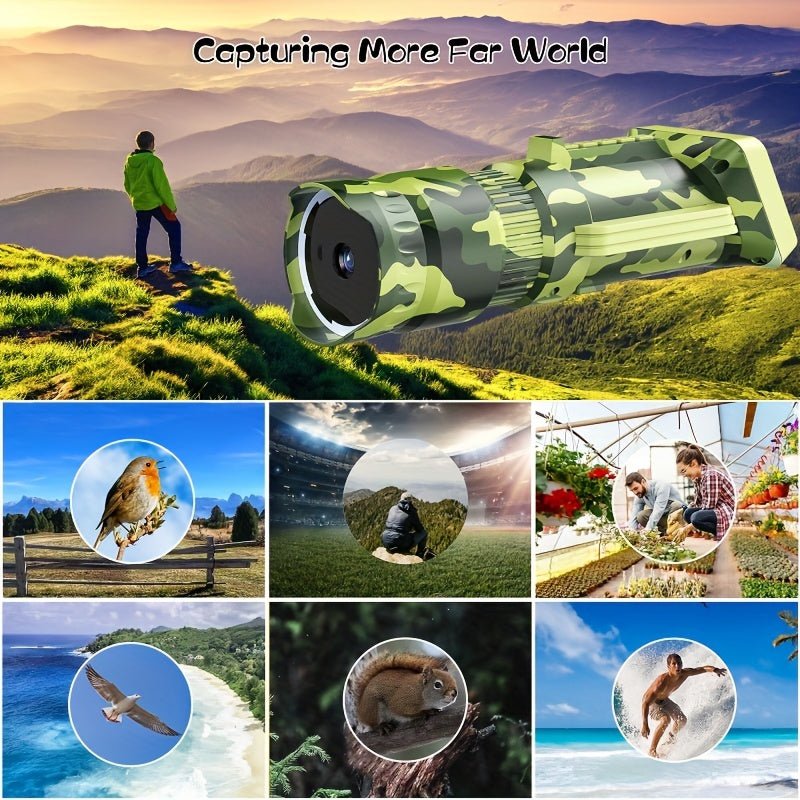 16X Magnification Camouflage Cartoon HD Mini Outdoor Portable Binoculars – Compact Monocular Telescope with 32GB SD Card, Clear Image, Wide Angle, Water-Resistant, Shock-Proof, Perfect for Bird Watching, Travel, Hiking, Camping, Christmas Birthday Gifts