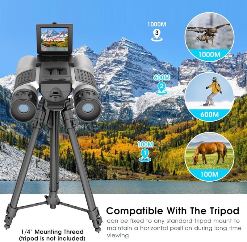 12×32 Binoculars for Adults, Binoculars with Camera, 2″ LTPS Display 5MP 1080P Video Photo Recorder with 32GB Micro SD Card, High Powered Binoculars for Bird Watching Travel Hunting, Silver