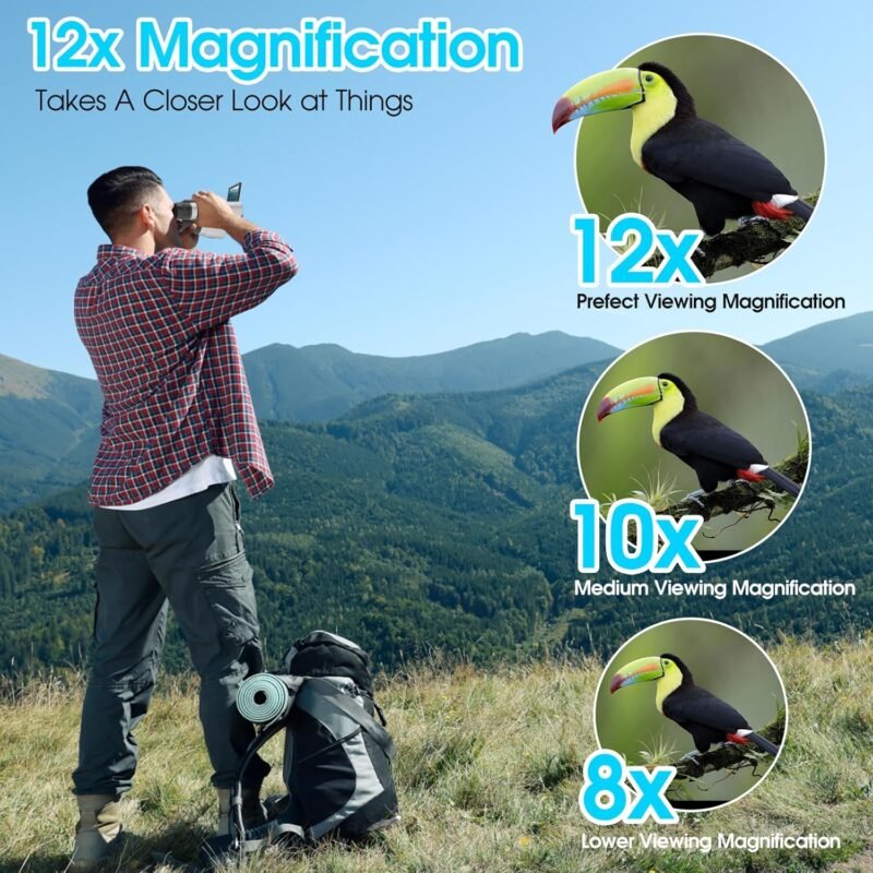 12×32 Binoculars for Adults, Binoculars with Camera, 2″ LTPS Display 5MP 1080P Video Photo Recorder with 32GB Micro SD Card, High Powered Binoculars for Bird Watching Travel Hunting, Silver