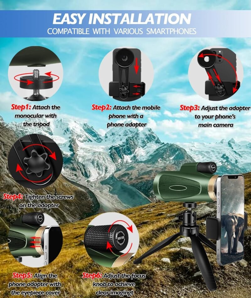 80X100 HD Monocular Telescope, High Powered BAK-4 Prism Compact Monoculars for Adults, Larger Vision Monocular for Bird Watching Hunting Hiking Camping Travelling