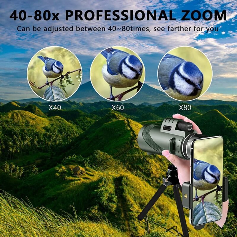 80×100 Monocular Telescope High Powered Monocular for Adults Monocular for Smartphone Adapter Monocular Telescope Hunting Wildlife Bird Watching Travel Camping Hiking Green