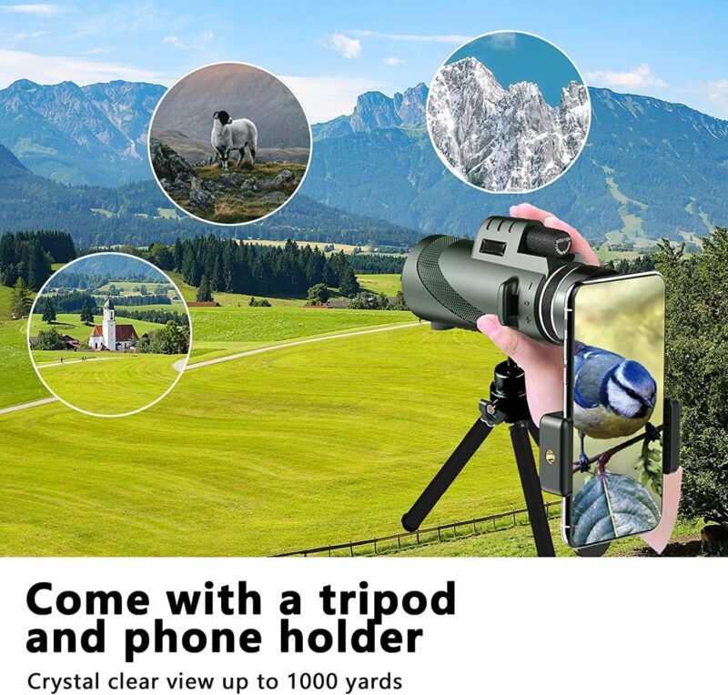 80×100 Monocular Telescope High Powered Monocular for Adults Monocular for Smartphone Adapter Monocular Telescope Hunting Wildlife Bird Watching Travel Camping Hiking Green