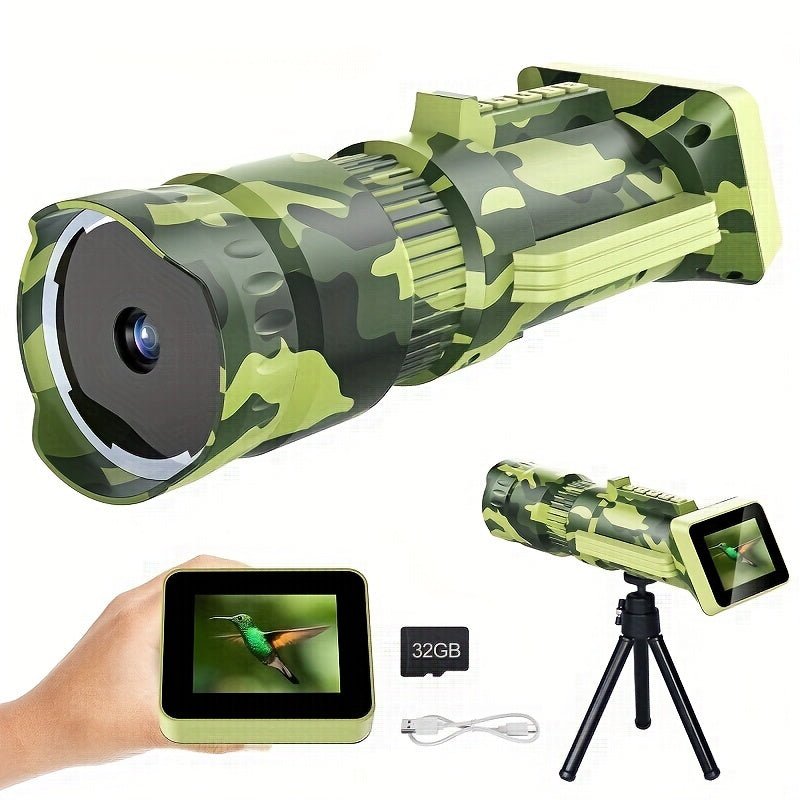 16X Magnification Camouflage Cartoon HD Mini Outdoor Portable Binoculars – Compact Monocular Telescope with 32GB SD Card, Clear Image, Wide Angle, Water-Resistant, Shock-Proof, Perfect for Bird Watching, Travel, Hiking, Camping, Christmas Birthday Gifts
